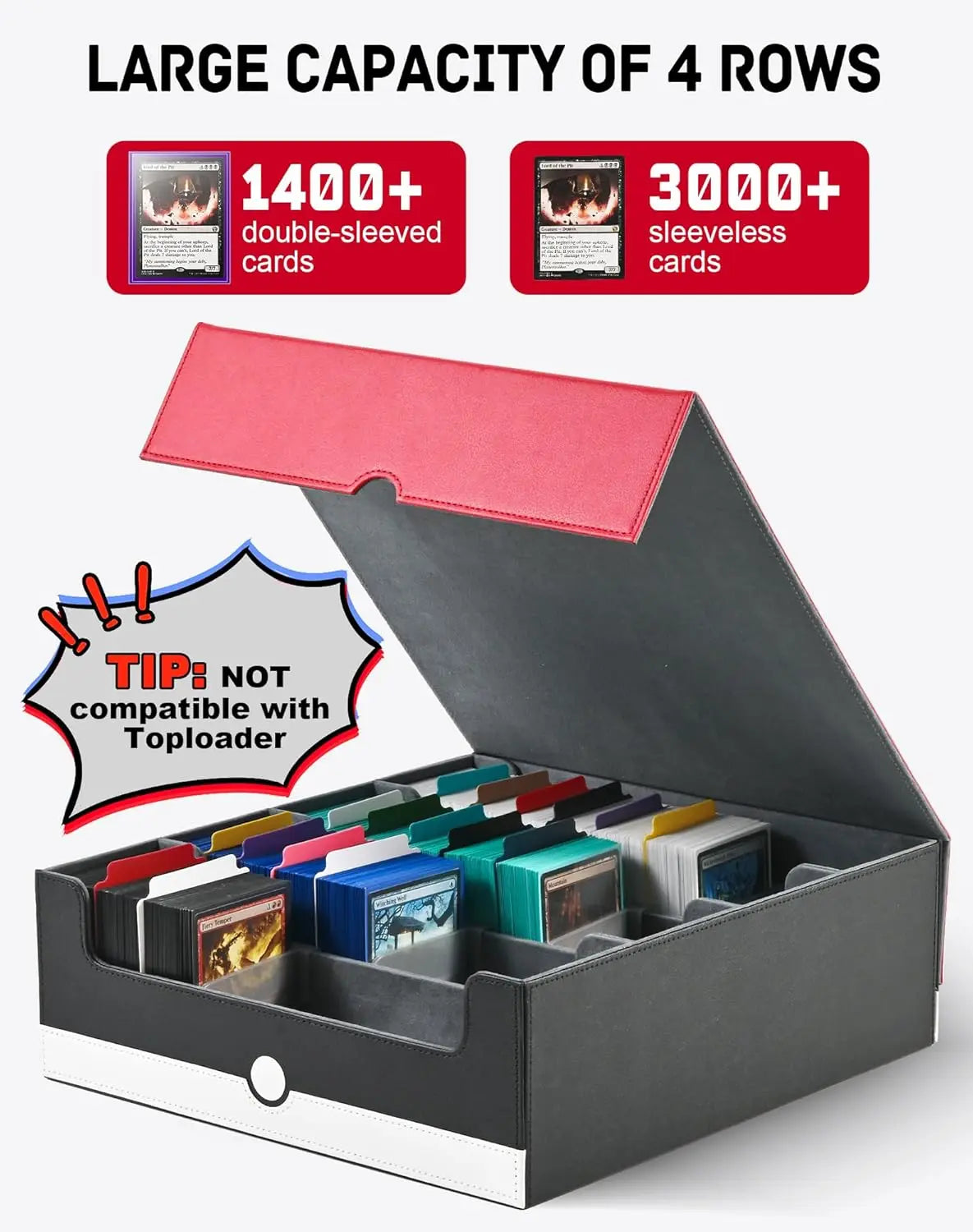 TINTEK Card Storage Box for MTG PTCG, Commander Deck Box Holds 3000+ Cards, Card Storage Case with 4 Stoppers, Card Organizer fo