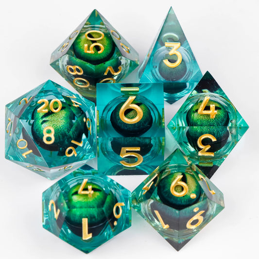 Liquid Core Dice, Green Dragon Eye Dice Set for Dungeons and Dragons, RPG Polyhedral Dice set, d&d dice, Handmade Dice Set Gifts