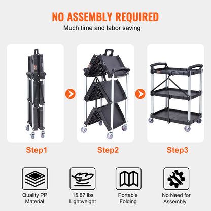 SucceBuy 3 Tier Folding Rolling Utility Cart Storage Shelf Movable Gap Rack Serving Cart Slide Organizer for Kitchen Bathroom