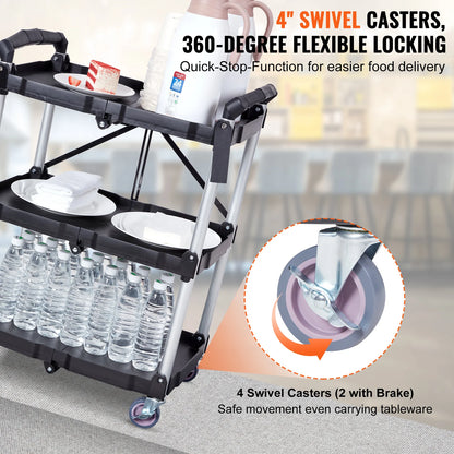 SucceBuy 3 Tier Folding Rolling Utility Cart Storage Shelf Movable Gap Rack Serving Cart Slide Organizer for Kitchen Bathroom