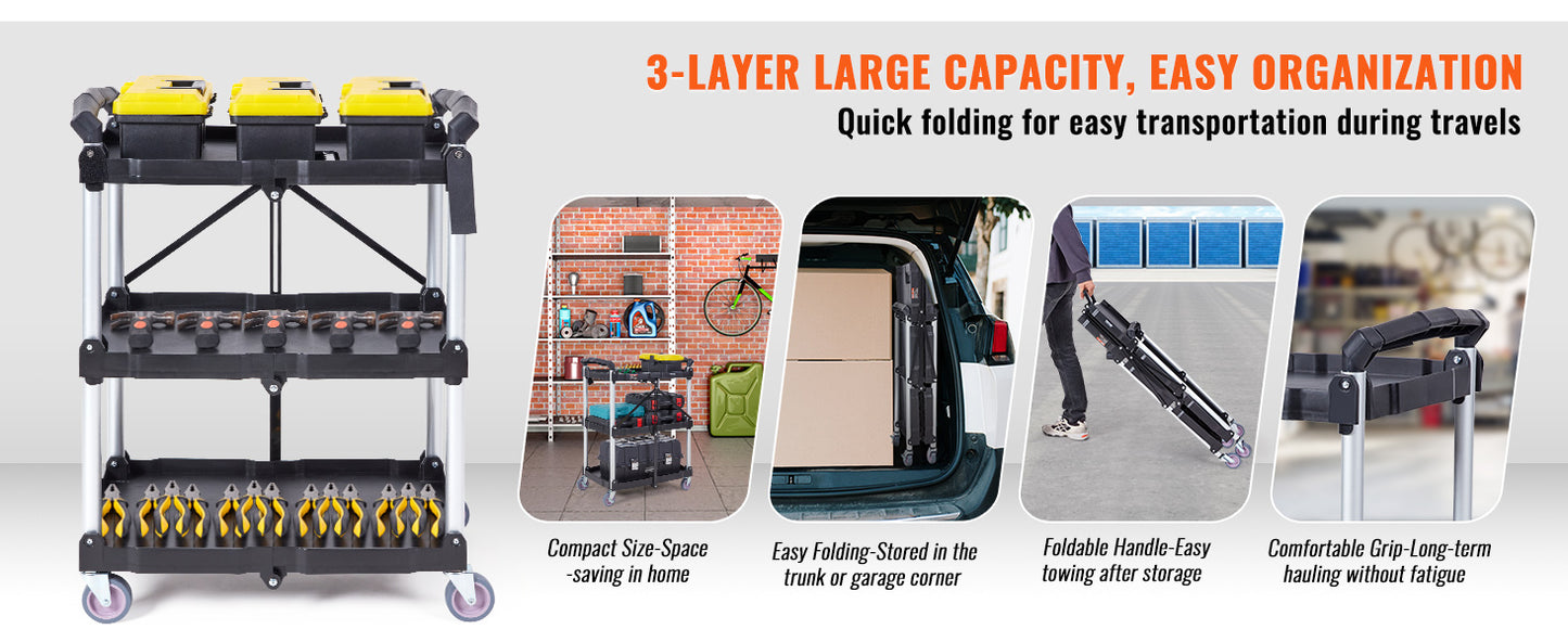 SucceBuy 3 Tier Folding Rolling Utility Cart Storage Shelf Movable Gap Rack Serving Cart Slide Organizer for Kitchen Bathroom